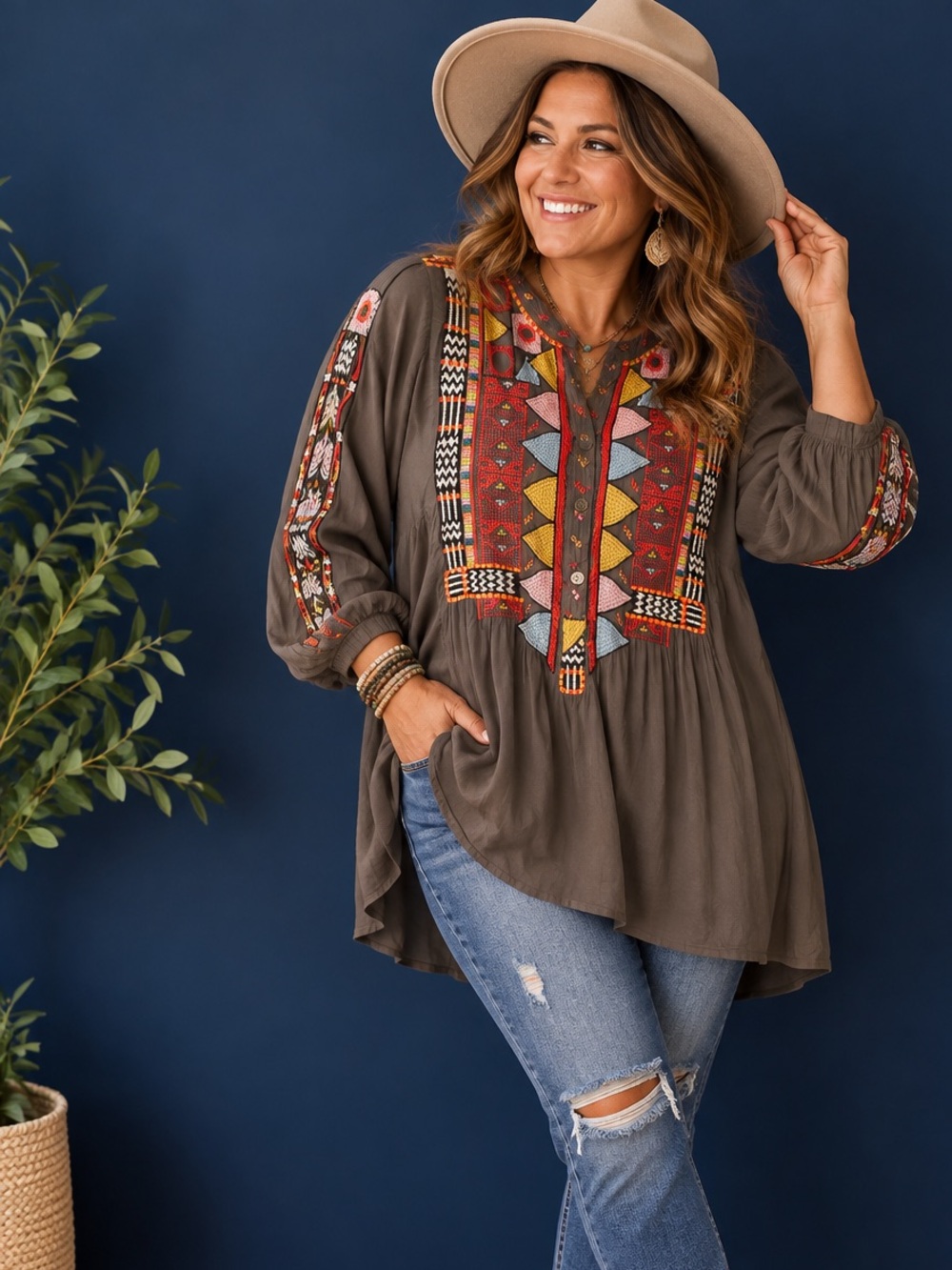 Johnny Was Brown Tunic with Multicolor Embroidered Bib